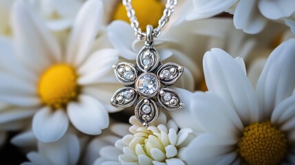 Delicate daisy pendant necklace on white flowers, a symbol of elegance