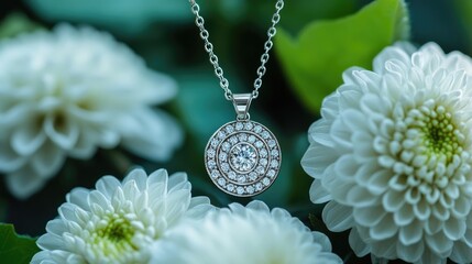 Elegant diamond pendant on silver chain surrounded by delicate white blooms