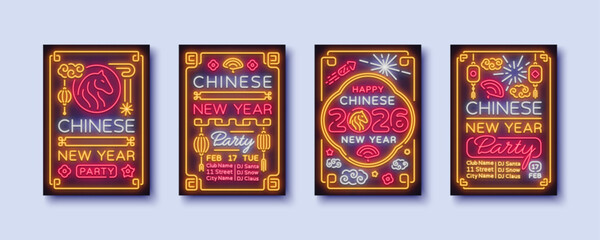 A vibrant set of neon Chinese New Year posters featuring glowing symbols, festive details. Bright designs create an energetic celebratory mood perfect for party promotions.