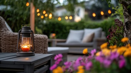 Tranquil evening ambiance with a candle lantern and garden setting on patio
