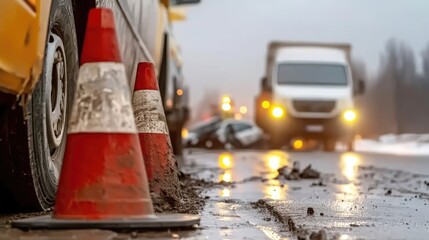 Traffic Accident Scene with Damaged Car, Emergency Vehicles and Warning Cones