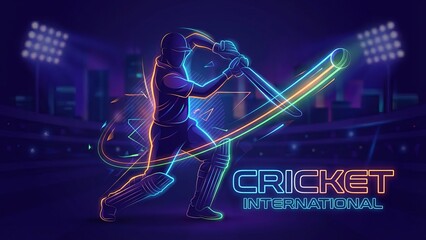 neon cricket batsman hitting ball in glowing stadium scene