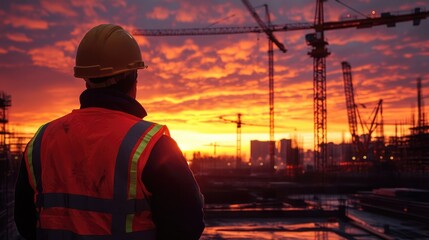 Construction Worker Contemplating Progress at Sunset on the Building Site