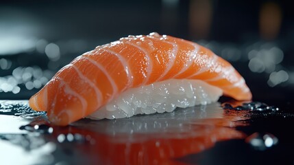 Exquisite salmon nigiri sushi, a culinary delight on reflective surface