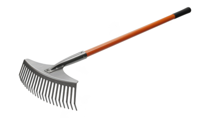Garden rake with orange handle and metal tines on transparent background