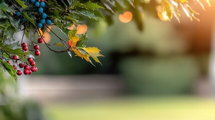 Seasonal Berries and Foliage Accented by Blurred Warm Lights and Bokeh