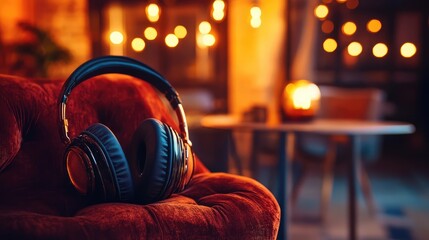 Cozy evening scene with headphones on a plush armchair and soft bokeh lights