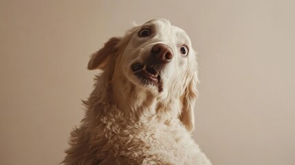 Startled dog with wide eyes stares upwards with comical expression