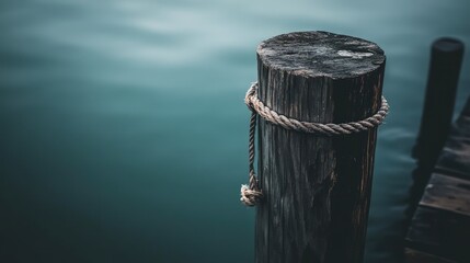 Weathered mooring post with nautical rope on tranquil waterscape background