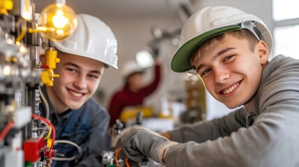 Young apprentices smiling while working on electrical project in workshop