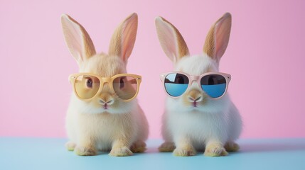 Stylish Rabbits Wearing Trendy Sunglasses Posing Against Pastel Background