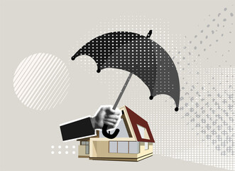 Obraz na płótnie Canvas Trendy Halftone Collage Black and white hand holding an umbrella above a little house, symbol of residential security from mortgage payment or damage. Modern collage style. Vector illustration