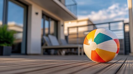 A Colorful Beach Ball on a Wooden Deck for Summer Fun and Relaxation