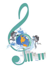 Abstract musical design with a treble clef and Planet Earth, spaceman, colorful splashes, notes and waves.  Planet music. Hand drawn vector illustration.