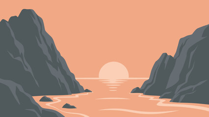 Serene Coastal Sunset Between Rocky Cliffs Illustration.