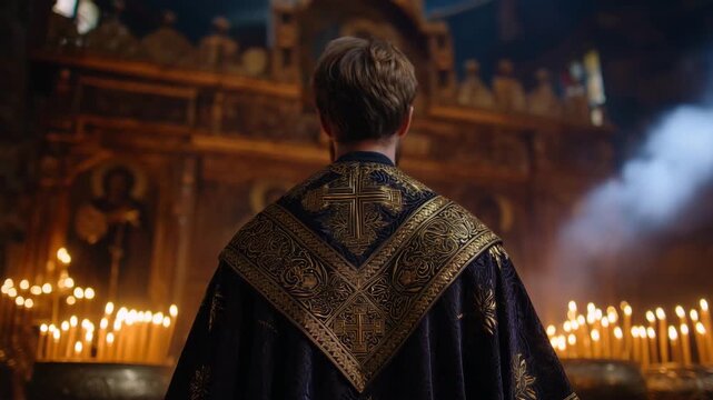 an Orthodox Christian church, viewed from behind an Orthodox priest or monk standing before the altar. The figure is centered in the compos