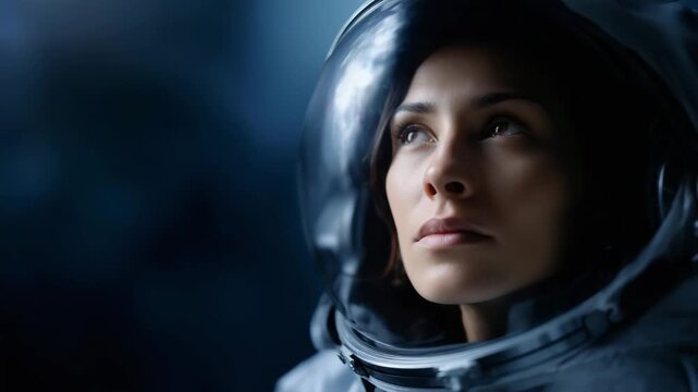 an astronaut in a modern space suit floating in deep outer space, reflective helmet visor with glowing light reflections and distant stars, dramatic cinematic