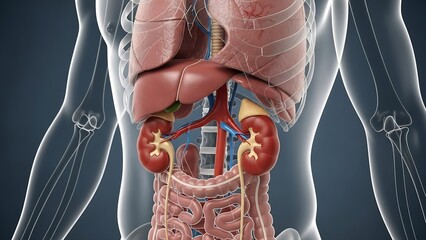 Detailed anatomical illustration of the human torso highlighting the kidneys and related structures from a frontal viewpoint