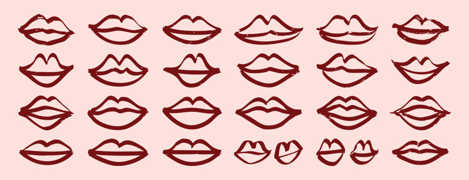 Woman Lips doodle hand drawn element set. lips Crayon chalk drawing textured brush set
