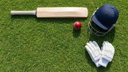 cricket equipment flat lay with bat ball helmet and gloves on grass, cricket gear arranged on green field in clean top view, cricket bat ball and protective gear, outdoor cricket equipment set arrange