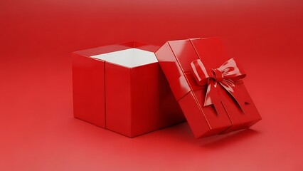Red gift box with a bow ribbon open on a red background