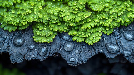 Extreme close-up of scalloped green lichen edges with large water droplets resting on dark, wet wood after a refreshing spring rain.