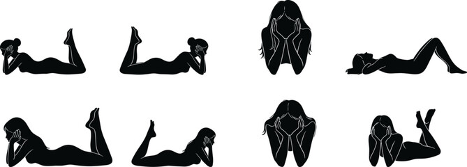 Set of eight black female silhouettes featuring women in various relaxed lying down poses, isolated vector icons for wellness, self-care, and health themes. © ASH Labs