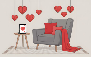 Cozy Valentines Day setup with armchair tablet and heart decorations.