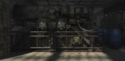Detailed industrial 3D illustration of heavy rusty machinery behind safety railings. Features weathered metal gears, blue barrels, and cracked concrete in a dark abandoned factory setting.