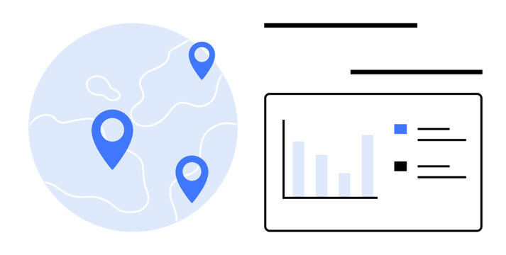 Globe with location pins linked to a dashboard featuring charts, graph bars, and text elements. Ideal for data analysis, logistics, global business, technology, geography, analytics education