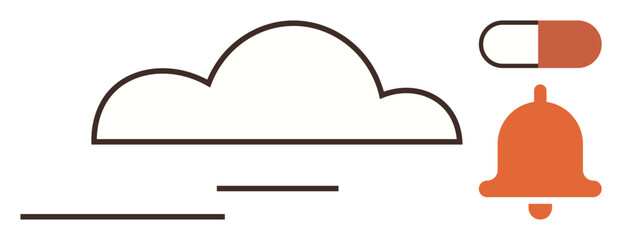 Cloud outline, notification bell, and split capsule emphasize online connectivity, health, and alert systems. Ideal for healthcare, reminders, apps, medicine IT notifications digital technology
