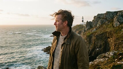 man standing on rocky coast looking at sea during sunset