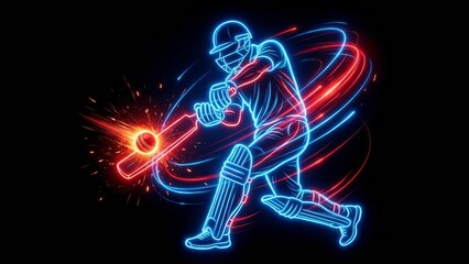 neon cricket batsman hitting glowing ball on dark background
