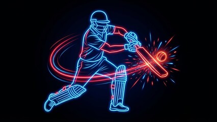 neon cricket batsman hitting glowing ball on dark background