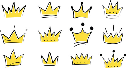 Golden crown and tiara doodle icons set hand drawn royal king and queen line art medieval luxury symbols vector © Hassaan