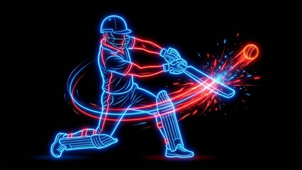 neon cricket batsman hitting glowing ball on dark background