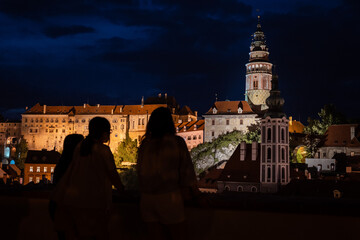 Castle and Old Town aerial view during blu hour in CESKY KRUMLOV, CZECHIA
