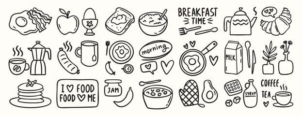 Breakfast doodle set of chalk style food and coffee icons for cafe menu, invitations, Italian brunch, cute croissant, cup, eggs, minimal vector © Yanka