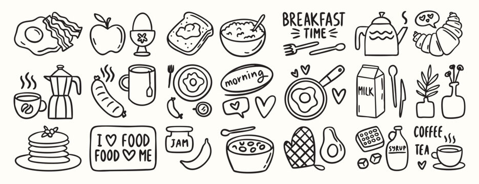 Breakfast doodle set of chalk style food and coffee icons for cafe menu, invitations, Italian brunch, cute croissant, cup, eggs, minimal vector