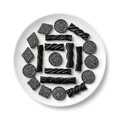 Assorted black licorice candies on a plate