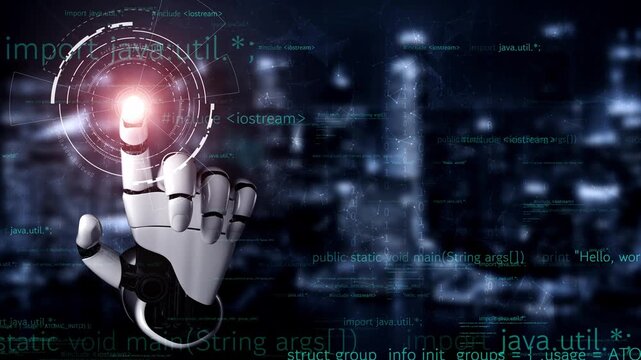 A robotic hand interacts with a glowing digital interface set against a backdrop of complex programming code, symbolizing advanced technology and automation. Xenic