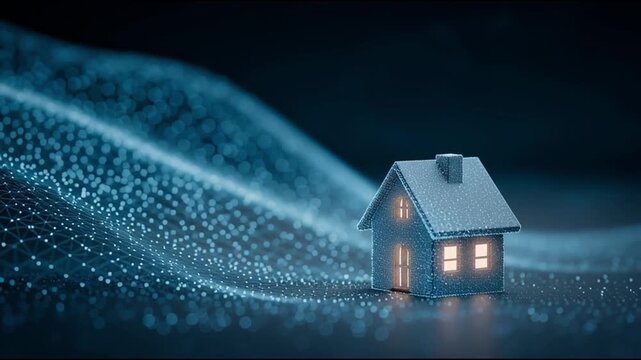 Digital model of a house illuminated with warm light sits on a textured surface of glowing particles, showcasing a gradual shift in perspective and light intensity across frames