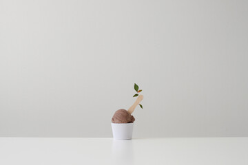 Close-up of a tub of chocolate ice cream and a disposable wooden spoon with leaves sprouting