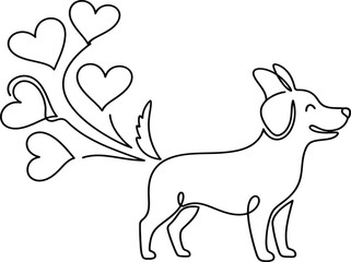 Dog farting hearts line art illustration. Happy canine emitting heart shapes from its rear in a continuous line drawing style.