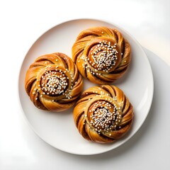 Three golden swirl pastries on a plate