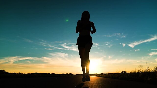 silhouette sports girl running legs along road sunset, exercise, healthy running concept, runner fitness training, focused female athlete, fitness man checking result. beautiful woman tracksuit