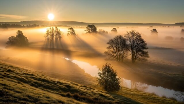 Ethereal misty morning landscape with sunrays over a river, foggy sunrise in a golden autumn countryside. - Powered by Adobe