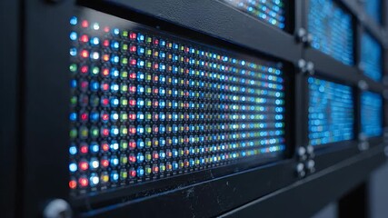 Closeup view of a vibrant LED screen displaying an array of colorful pixels showcasing advanced digital technology and modern lighting solutions for dynamic visual effects and innovative displays.