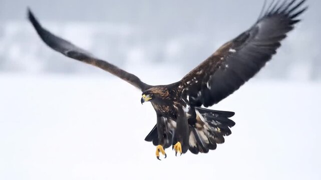 Majestic eagle in flight against a blurred white backdrop, wings outstretched, looking downwards