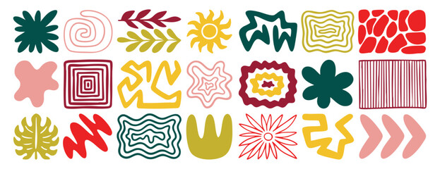 A set of doodle organic elements, leaves, hand drawn smooth lines, flowers, abstract shapes natural motifs, the sun, stones collection